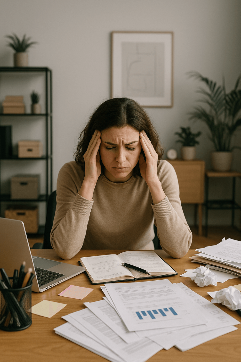 Feszült nő, kezét a fejéhez szorítva – a stressz fizikai jelei