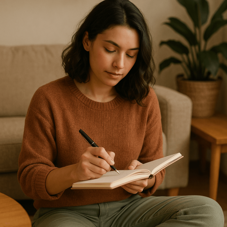 Fiatal nő otthon, barna pulóverben, naplót ír egy jegyzetfüzetbe – elmélyült önreflexió közben.